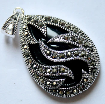 

Free Shipping VINTAGE 925 STERLING INLAY BLACK MARCASITE PENDANT 30x20MM