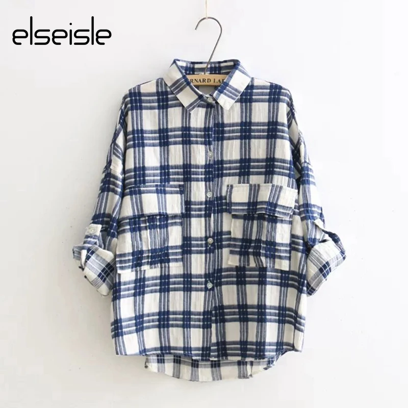 

elseisle Women's plaid shirt female Casual Vintage Plaid Blouse Shirt Harajuku Women Long Sleeve Blouses & Shirts Blouses 2017