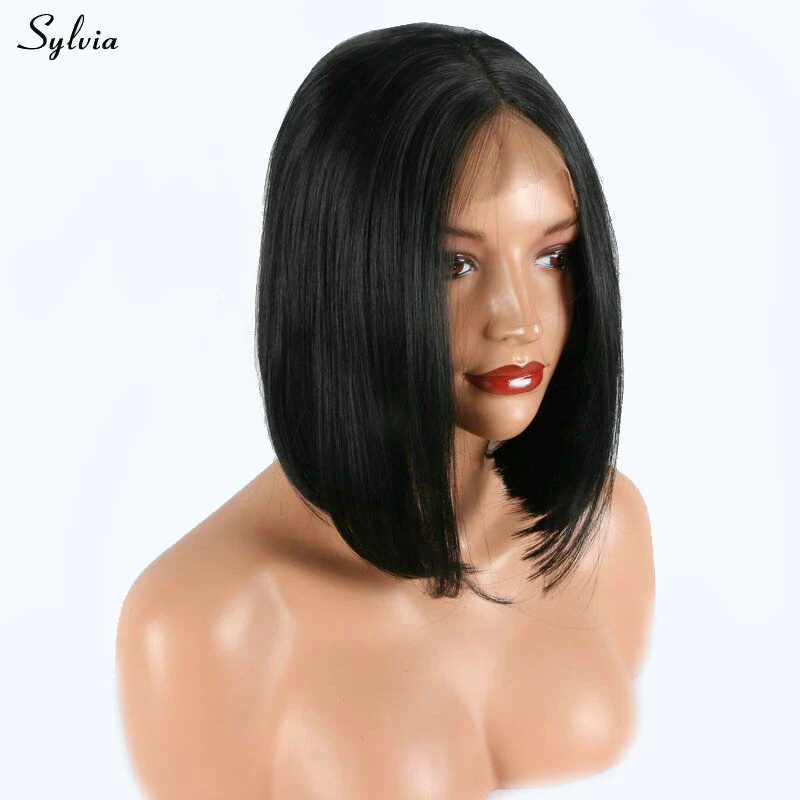 Sylvia короткий Боб кружева спереди синтетический парик натуральный черный средняя часть мягкие волосы Китай Стиль Женщины Замена