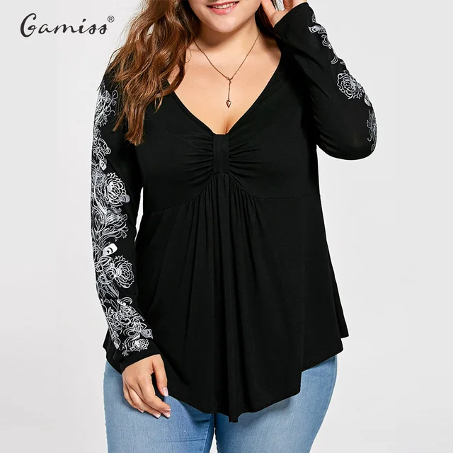 Women Sexy V Neck Floral Pattern Long Sleeve Draped T-Shirt Casual Femme Loose Tops Tees