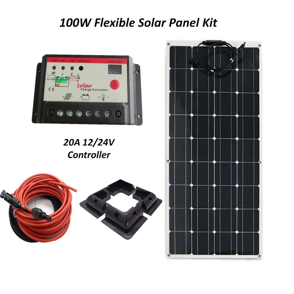 

DIY Solar System Kits 100W 1x100W flexible solar panel, 1x PWM 20A LED solar controller,5M Solar cables, 4pcs brackets RV/Marine