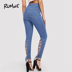 ROMWE Молния Fly кружево до крест накрест узел джинсы для женщин для прямые брюки с высокой талией на пуговицах брюки девочек модные узкие