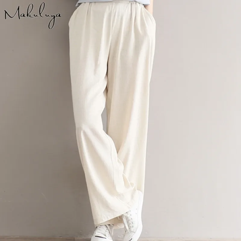 

Makuluya unique updated linen women breathable elastic waist loose trousers Vintage All-Match cozy Chic fashion casual pants L6