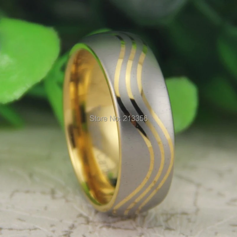 

Cheap Price Free Shipping USA Canada Hot Selling 8MM New Gold Dome Wave Design The Lord Ring Mens Fashion Tungsten Wedding Ring