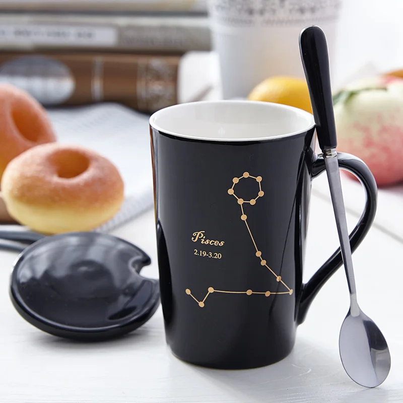 

Black Ceramic Mugs Twelve Constellations Coffee Mug Cup Creative Ceramic Cups Home Office Drinkware Tea Water Cup With Lid Spoon
