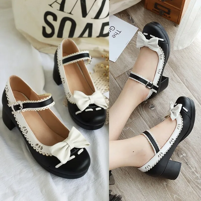 

US4-11 Womens Lolita Block Mid Heel Round Toe Bowknot Straps Kawaii Cosplay Shoes Plus Size Belt Buckle Pumps 3Colors A1366