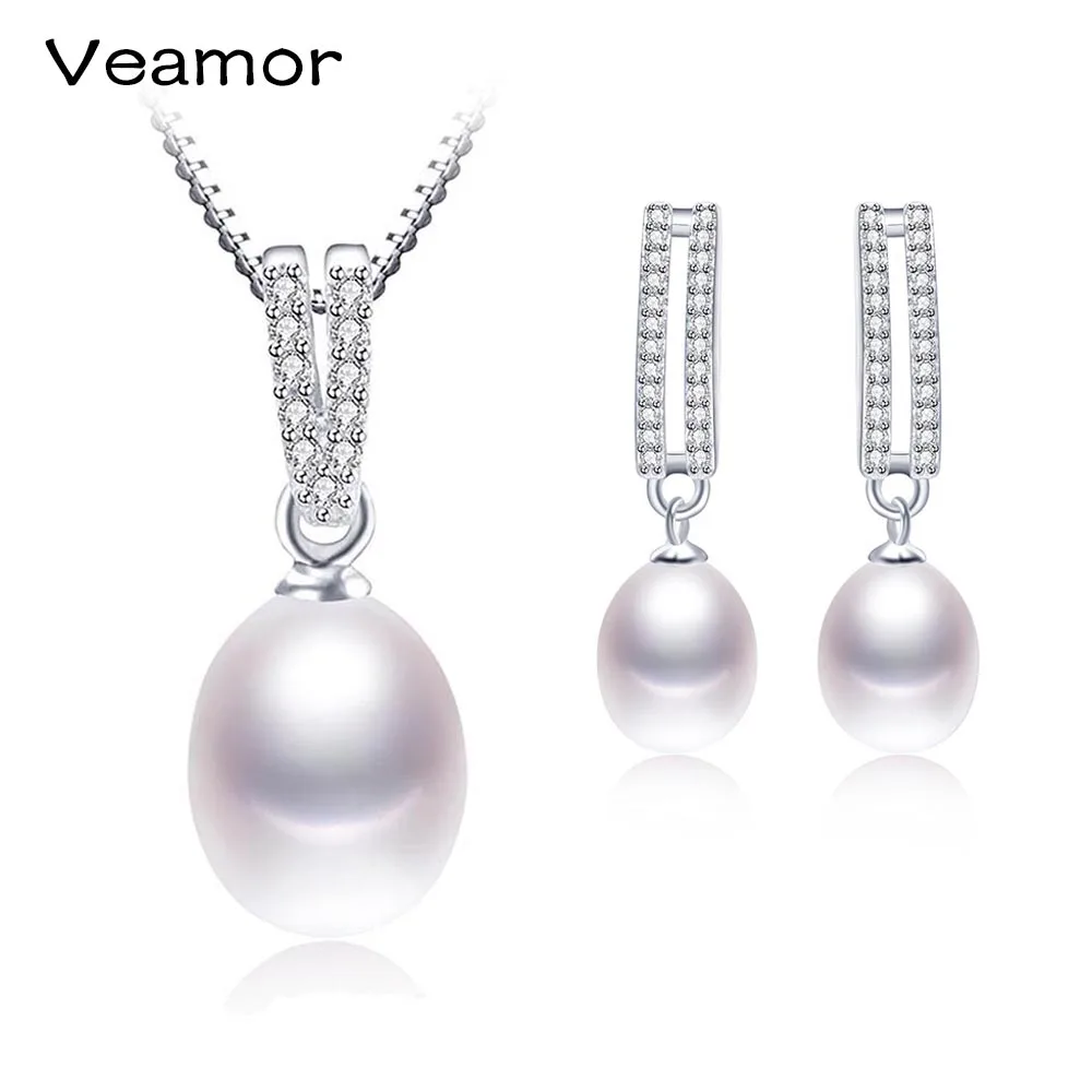 

VEAMOR Pearl jewelry Sets White Freshwater Pearl Jewelry For Women 925 Sterling Silver Pendant Necklace Drop Water Earrings