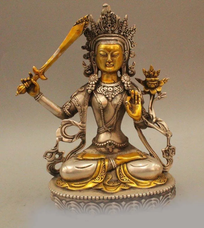 

9" Tibet Buddhism Silver Gilt Seat Boddhisattva Wenshu Manjushri Goddess Statue
