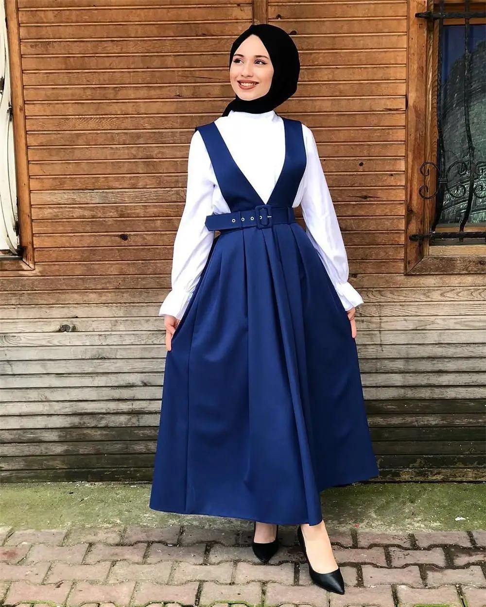 5 цветов, расклешенная юбка макси, женская мусульманская плиссированная юбка на подтяжках, Женский мусульманский костюм, Повседневная Свободная модная юбка - Цвет: Синий