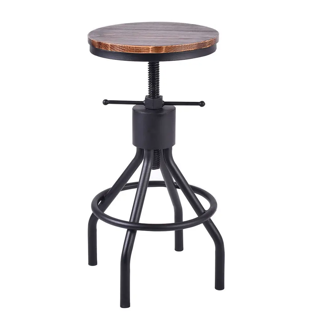 Industrial Swivel Bar Stools Height Adjustable Coffee Dining Chair Wood Seat Metal Frame Vintage Bar Chairs