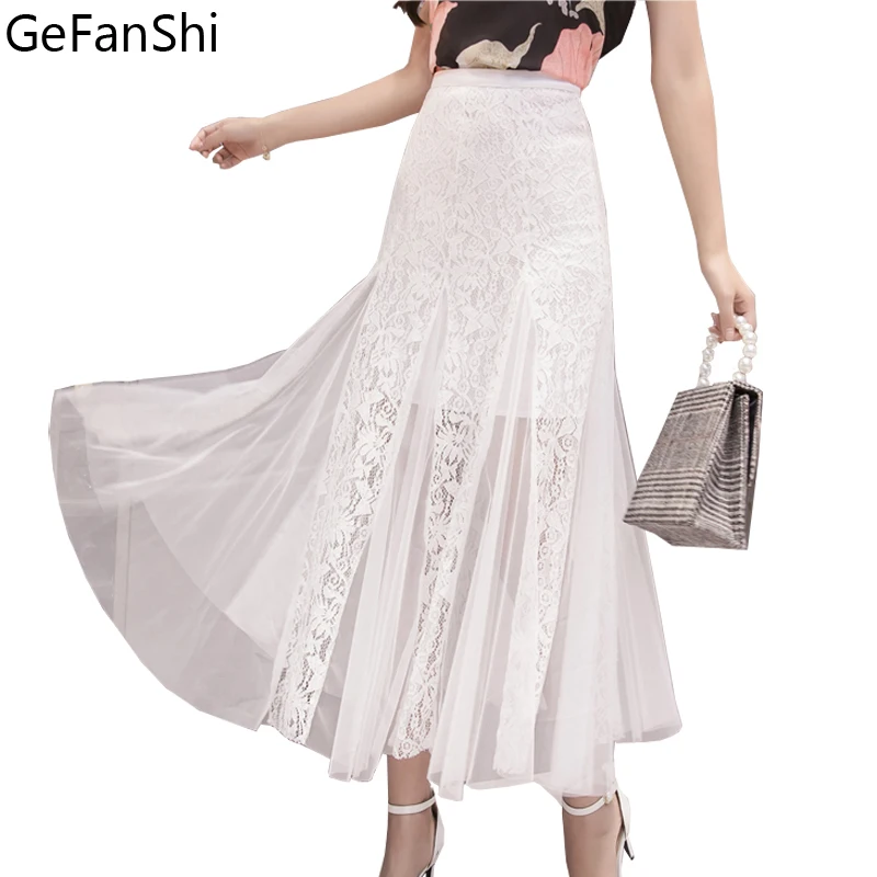 

Fashion Spring Summer Women Skirt 2019 New Casual Lace Patchwork Mesh Femininas Slim Long Skirts Office Work Skirt Black white
