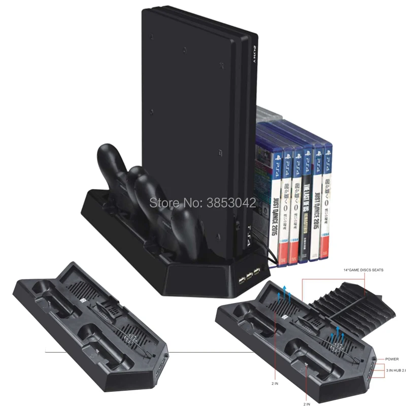 

PS4 Pro Slim Vertical Stand Cooling Fans Dual Controller Charging Station with 3 Extra HUB Ports For Playstation 4 Console