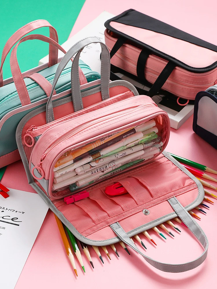 

Simple Large Capacity Transparent Pencil Bag Multifunctional Multi-layer Waterproof Oxford Cloth Handbag Pencil Bag Zipper Bag