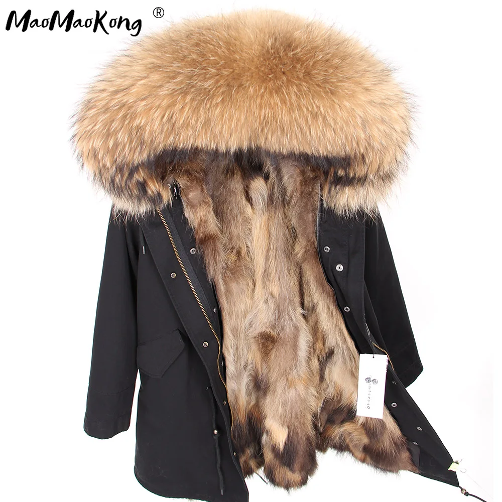 Maomaokong 2024 New Natural Fur Lining Real Fur Coat Winter Jacket Women Raccoon Fur Collar Warm Thick Parkas Female Clothing