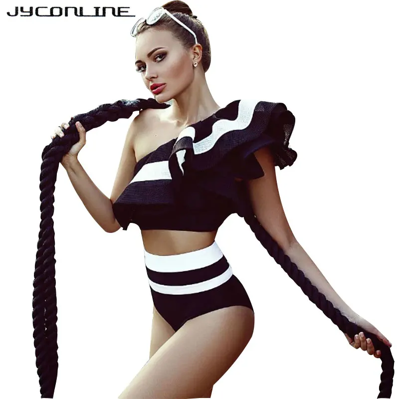 Jyconline واحد الكتف ارتداءها أحمر أسود مخطط ارتداءها النساء بذلة كشكش الصيف رومبير قصيرة شاطئ الجسم أعلى محصول العام Jyconline واحد الكتف ارتداءها أحمر أسود مخطط ارتداءها النساء بذلة كشكش الصيف رومبير قصيرة شاطئ الجسم أعلى محصول العام