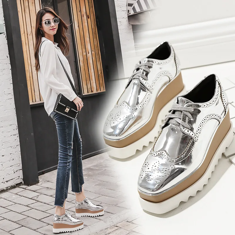 

British Carve Patterns Women's Shoes Square Toe Platform Shoes Lace-up Casual Wedges Shoes