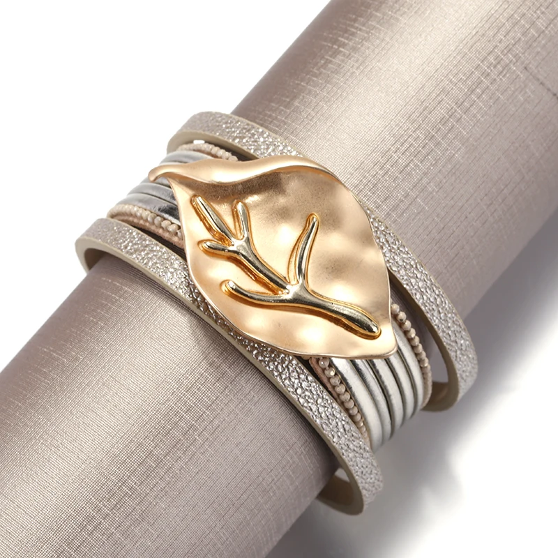 Amorcome металлический лист Очаровательные кожаные браслеты для женщин модные многослойные, в стиле бохо широкий браслет обруча женские ювелирные изделия