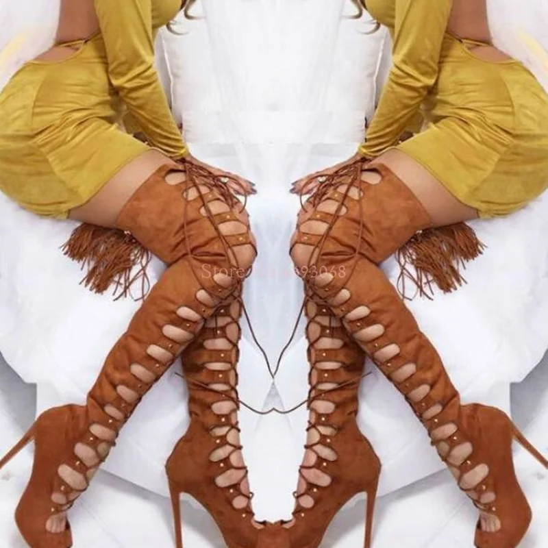 En Découpes Pour Sexy Toe Fringe Femmes Les Peep 2019 D'équitation Hauts Picture Daim as Bottes As Serpent Talons Sandale Lacets Cuissardes Picture Gland À YFpxwp67Cq