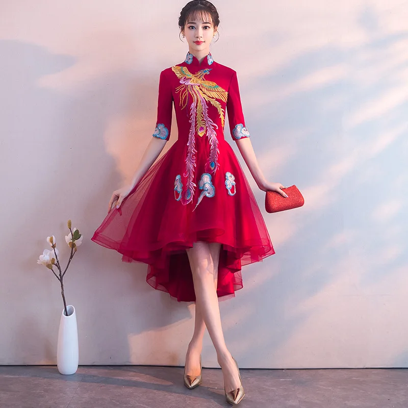 

Embroidery Phoenix Traditional Chinese Women Cheongsam Elegant Half Sleeve Wedding Party Bride Mesh Dress Vintage Cheongsam