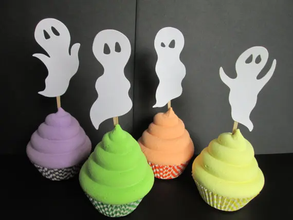 Set of 24 Ghost Themed Party Supplies Spooky Ghost Dessert Cupcake Toppers Halloween Party Clear Treat Picks