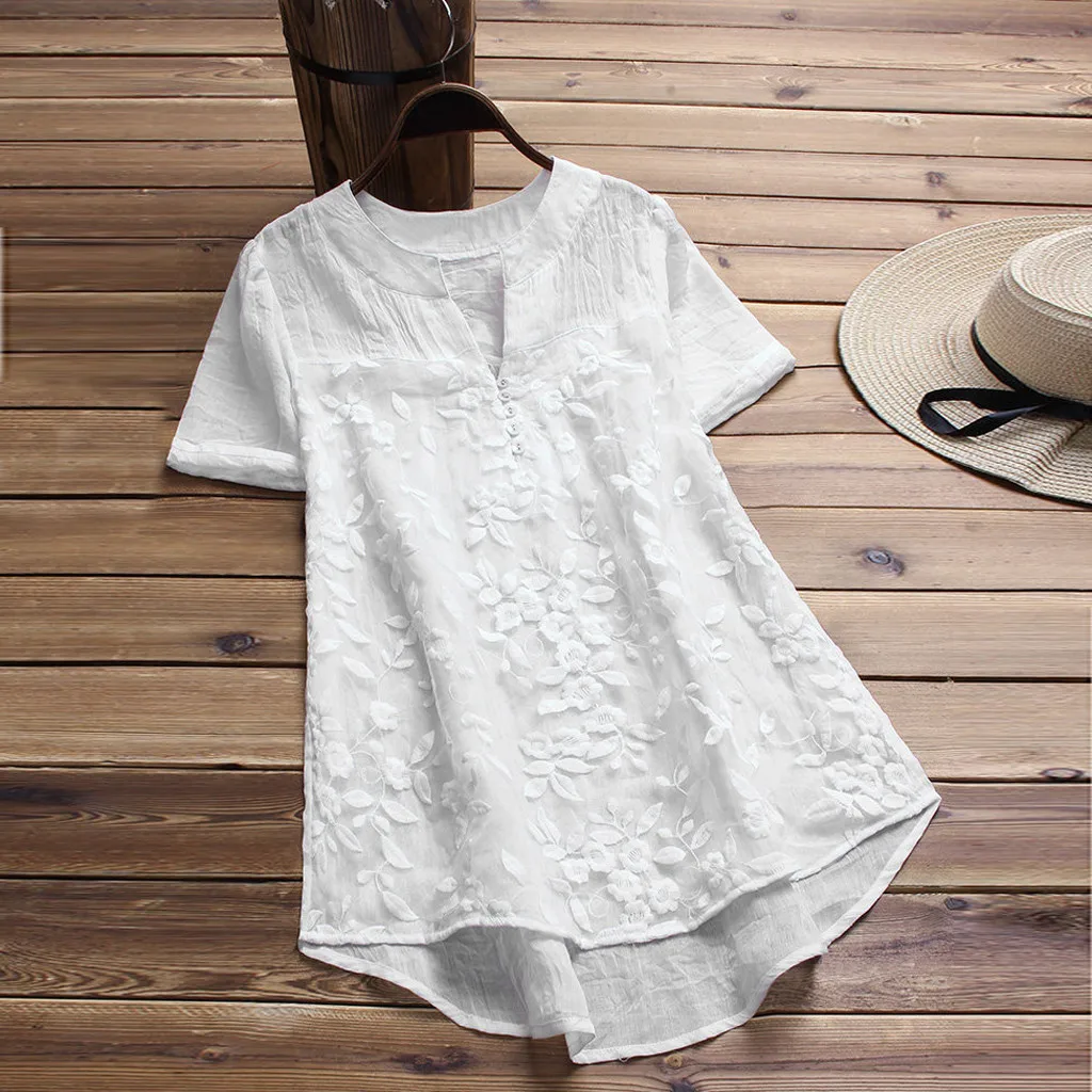 

Feitong Boho Women Casual Blouses Ladies Loose Linen Lace Splice Button Short Sleeve Shirt Tops blusas mujer de moda 2019 New