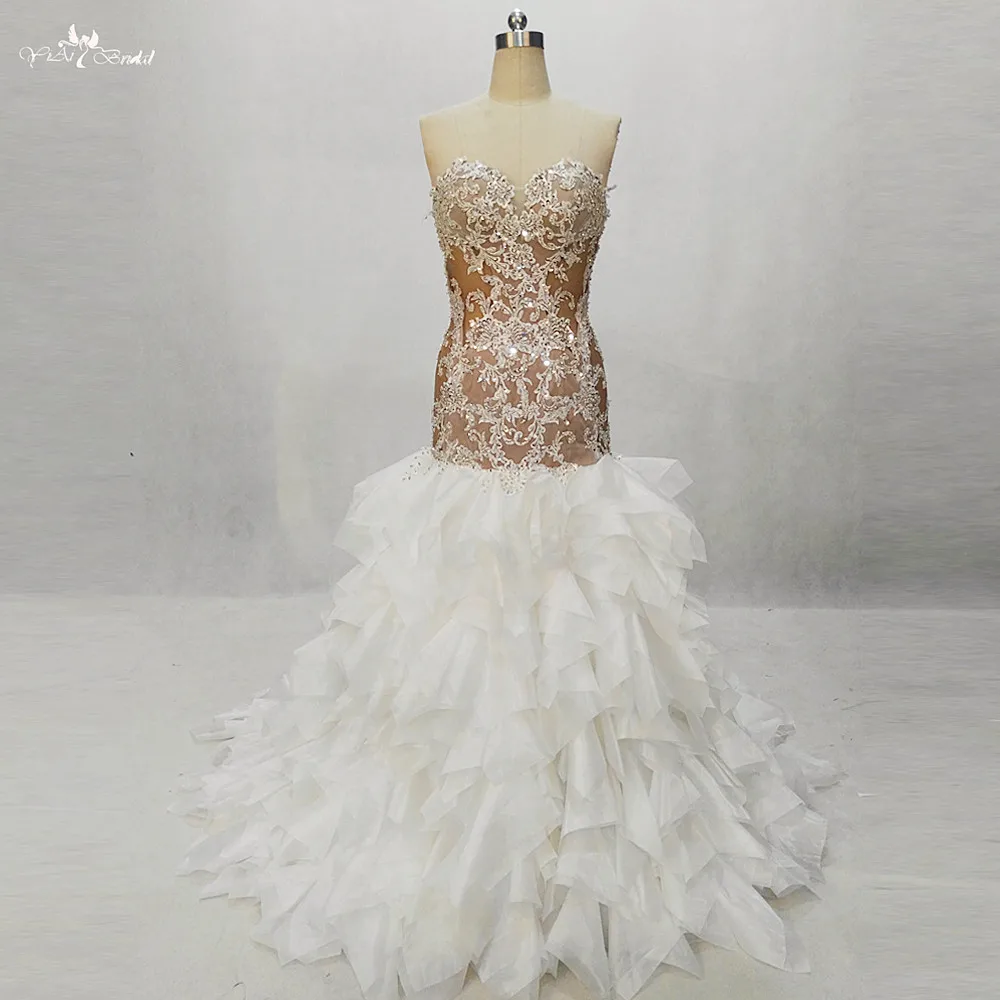RSW1313 реальные фотографии Yiaibridal Illusion корсет серебро бисером кружева с аппликацией и юбкой-годе гофрированная юбка свадебное платье 2017