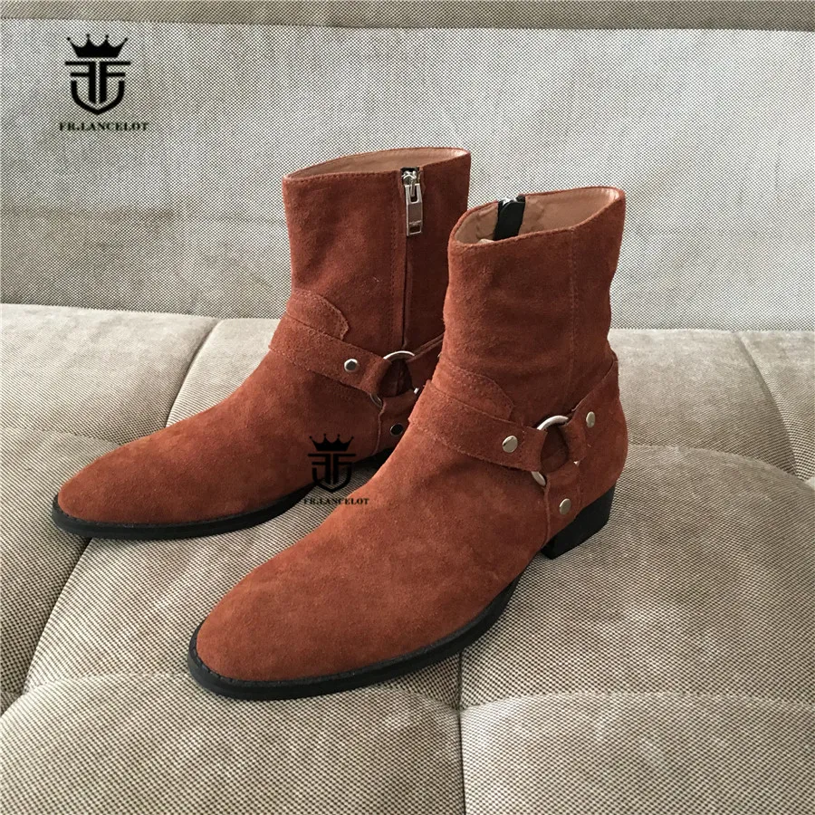 

High Top Handmade Western Ankle strap Chelsea Wedge Boots Dark Brown Suede Wyatt Cowboy Harness Boots Real Picture