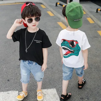 

Summer boys 2 pcs set baby short sleeve tee shirt + jeans kids suit children streetwear fashion back dinosaur letter 2 to 7 yrs