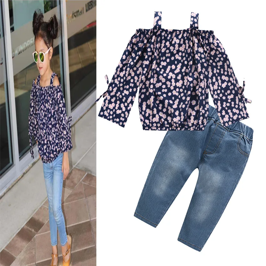 

Summer Kids Clothes Girl Suit Children Set Floral Shirt + Jeans Trousers Long Pants Sets for Kids
