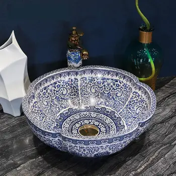 

Bathroom ceramic counter top sink Round wash basin popular in europe art basin lavabo chinese wash basin flower blue and white