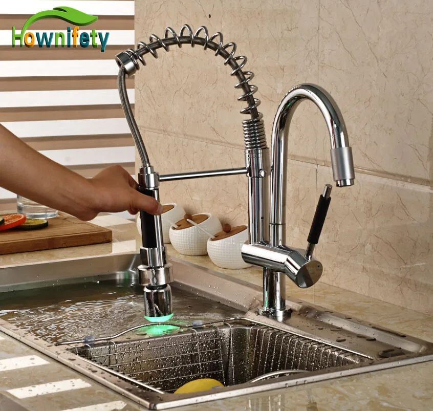 

LED Lights Chrome Swivel Kitchen Sink Faucet Dual Spouts Single Handle Mixer Tap