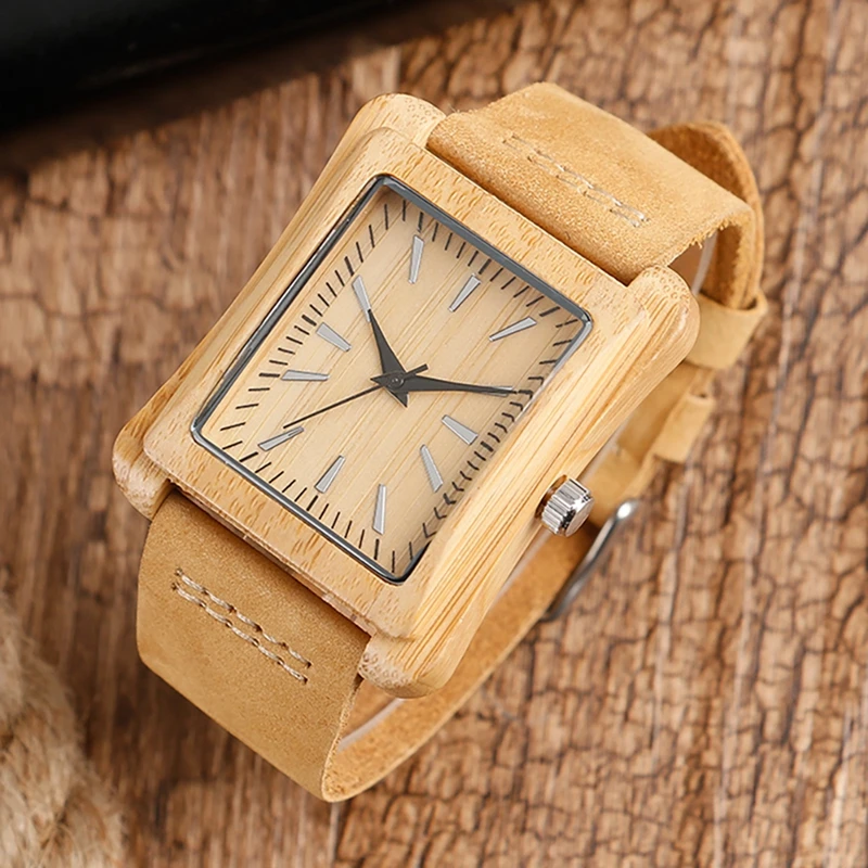 Rectangle Dial Wooden Watches for Men Natural Wood Bamboo Analog Display Genuine Leather Band Quartz Clocks Male Christmas Gifts 2020 2019 (11)