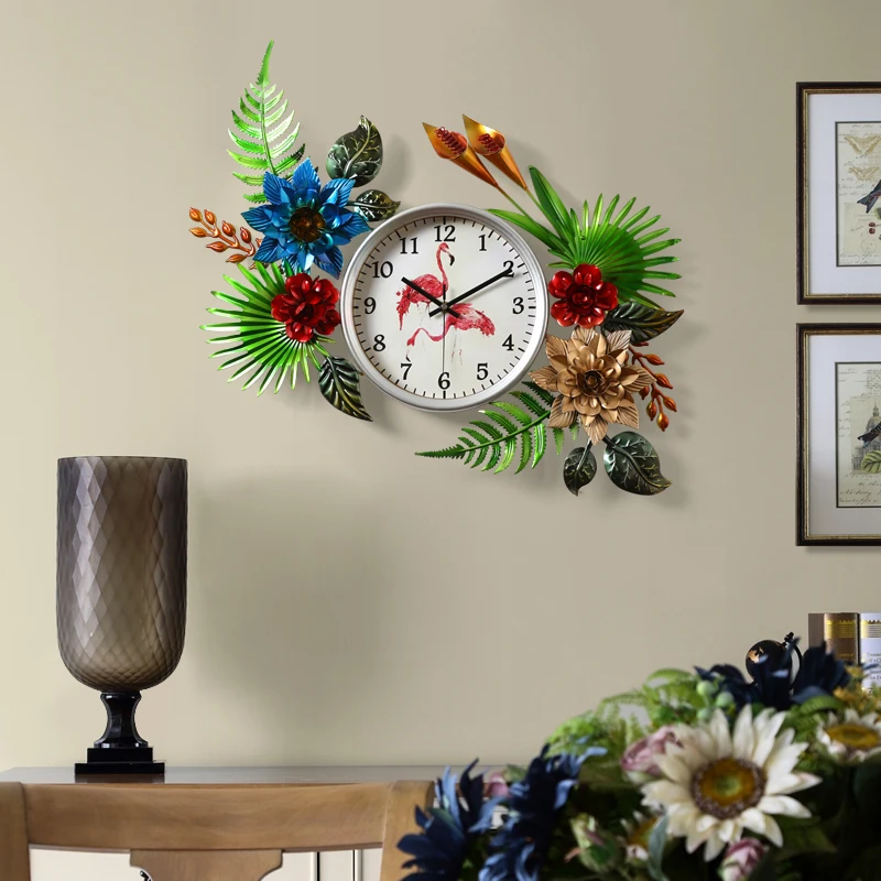 

American Wrought Iron Flower Plant Wall Quartz Clock Wall Hanging Decoration Crafts Hotel Home Livingroom Wall Mural Ornaments