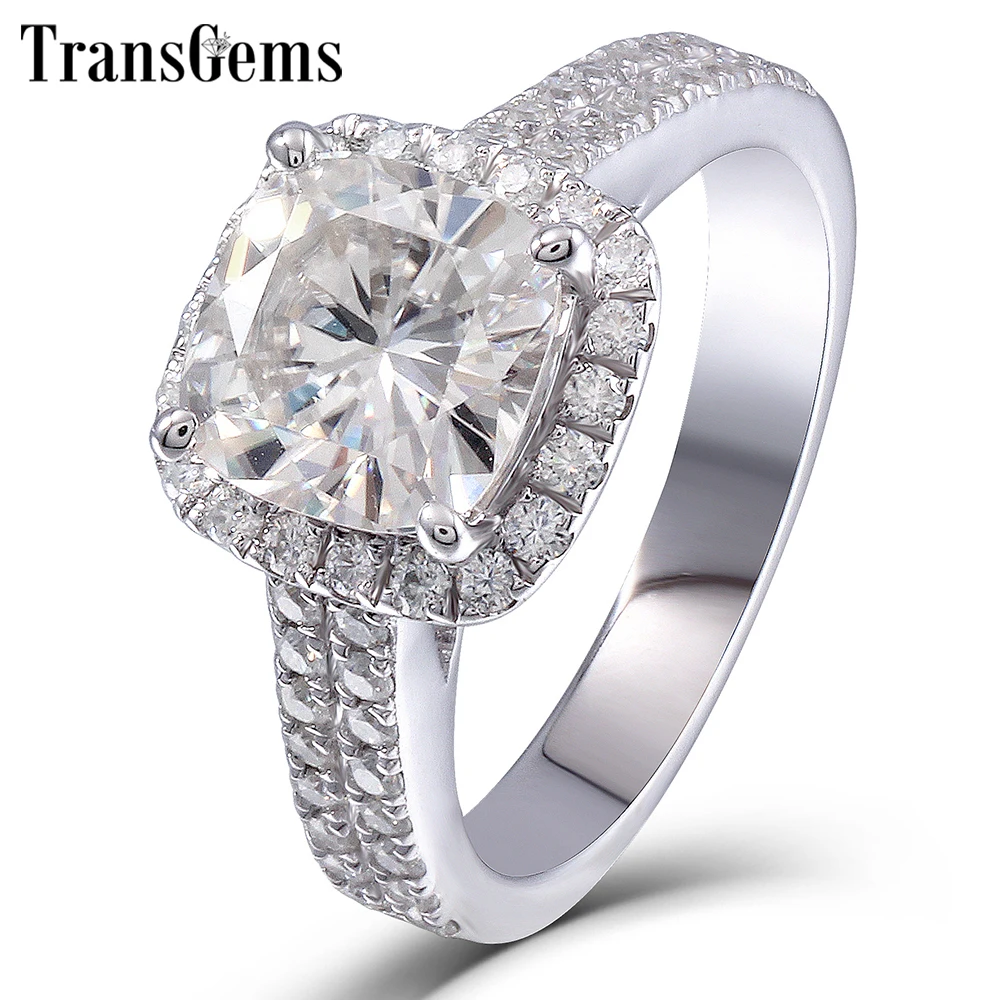 

Transgems 14K 585 White Gold Center 2ct 7.5MM Cushion Cut FG Color Moissanite Halo Engagement Ring for Women with Accents
