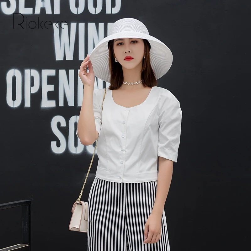 Riokeke Big O Neck Short Sleeve Women's Shirt Modern Retro 2018 Summer Womens Tops and Blouses Women Blouse Shirts Solid |