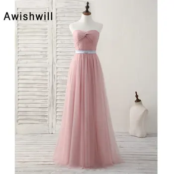 

Blush Bridesmaids Dresses Long Elegant Strapless Beaded Tulle A Line Floor Length Women Wedding Party Dress Formal Gown