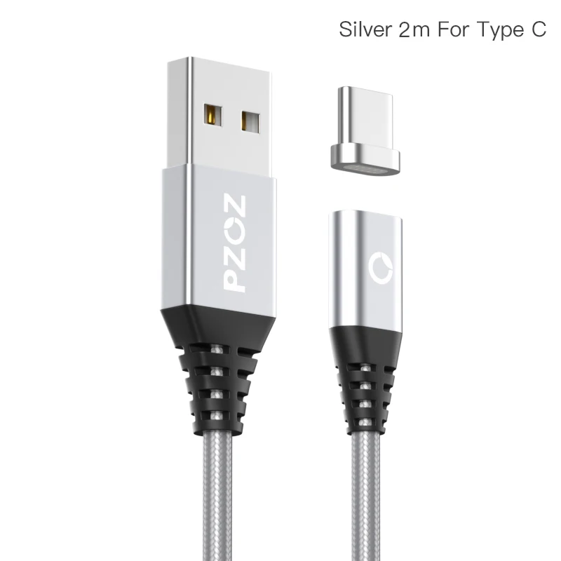 Магнитный кабель PZOZ 2M Type C Micro USB C для быстрой зарядки телефона Microusb Type-C, магнитное зарядное устройство usb c, зарядный Шнур для iphone xiaomi - Цвет: Silver 2M For Type-c