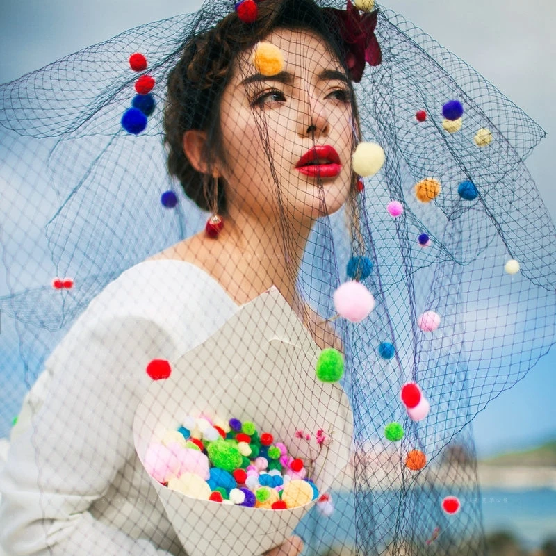 

Colorful Pompom Net Hole Veil Fashion Korean Style Women Girls Hair Accessories Photography Party Veils