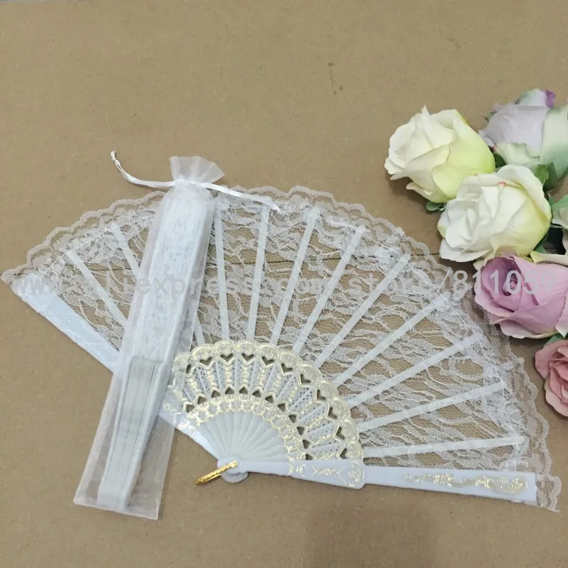 

Free shipping 12pcs/lot white color plastic frame hand lace fan Spanish lace fan for wedding with white organza gift bag packing
