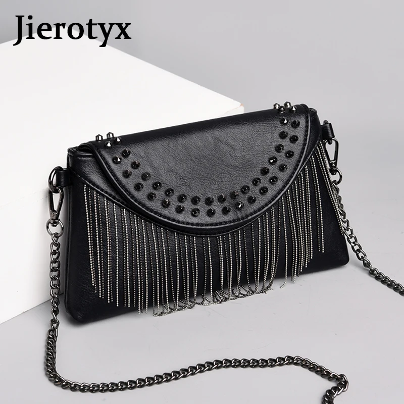 JIEROTYX женская сумка через плечо с бахромой, черные кожаные женские сумки на плечо, милые дизайнерские роскошные сумки, женские сумки с заклепками в стиле панк