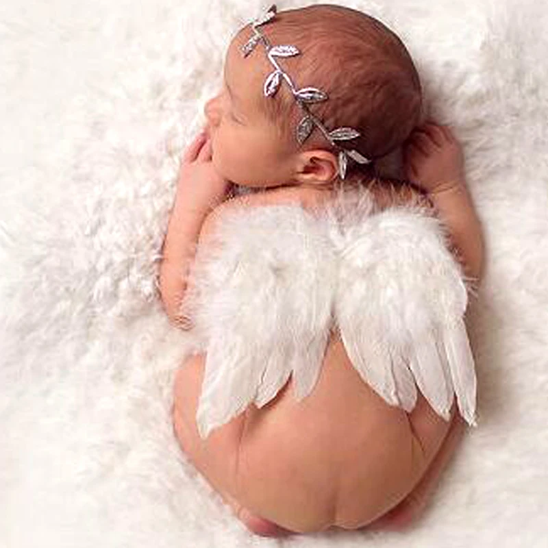 

White Feather Angel Wings AND Silver Foil Leaf Headband Accessories Sets Infantil photos bebe foto prop Baby photographers