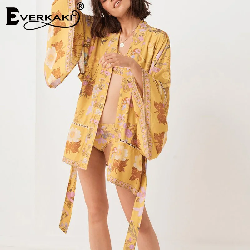 

Everkaki Gypsy Print Short Kimono Coat Women Boho Sashes Tied Beach Long Sleeve Kimono Coats Bohemian Female 2019 Autumn New