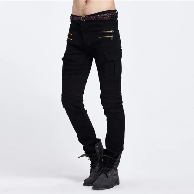 Black Skinny Cargo Pants Mens Black Biker Jeans Men Skinny Cargo Jeans with Side Pockets 2017 Mens