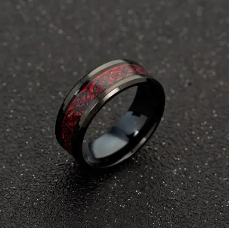 

Classic style Fashion Man Ring Red Green Carbon Fiber Black Dragon Inlay Comfort Fit Titanium steel Rings for Men Wedding Band