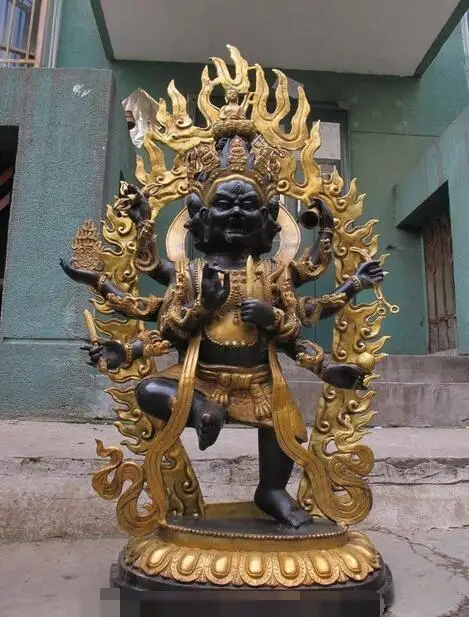 

Big Tibet Buddhism Tutelary Deity 3 Head 8 Arms Mahakala Buddha Bronze Statue