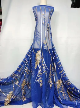 

Latest French Lace Fabric 2019 High Quality Wedding African Lace Fabric Royal Blue Gold Sequins 3d Lace Fabric For Nigerian Lace