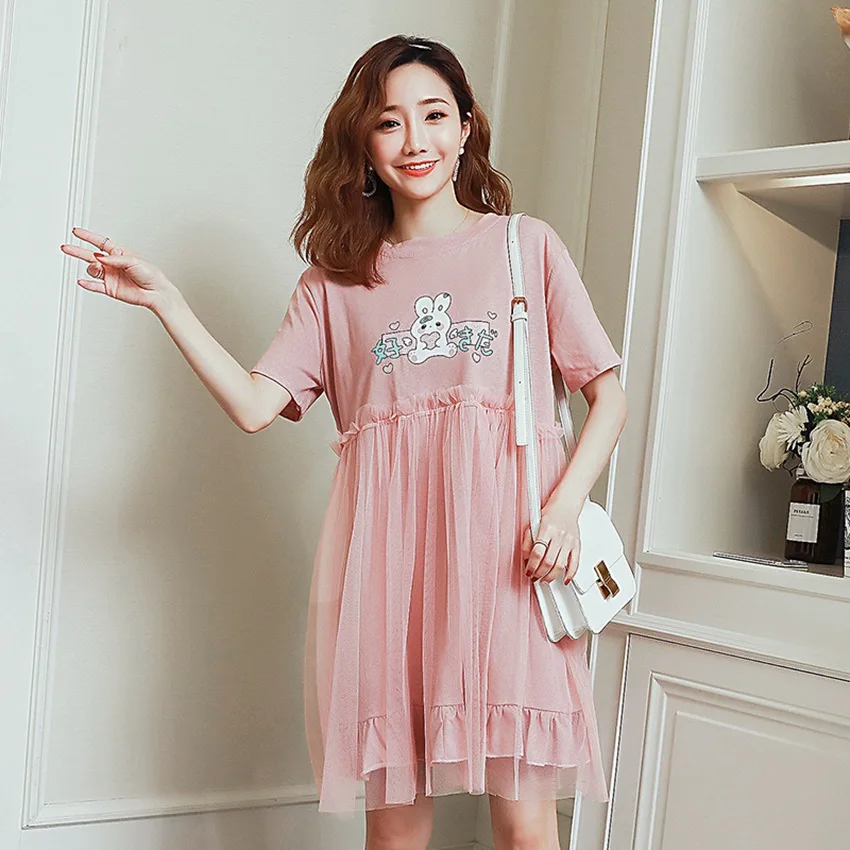 

2019 summer sweet cute print stitching mesh maternity dress new Korean fashion pregnancy skirt