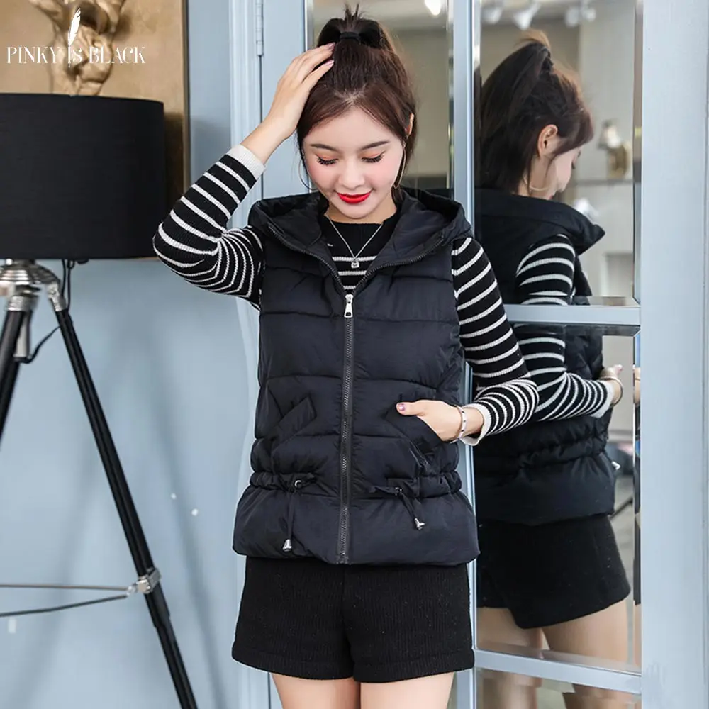 

PinkyIsBlack 2019 Autumn Winter Women Vest Waistcoat Solid Casual Short Hooded Drawstring Female Winter Vest Jacket With Pockets