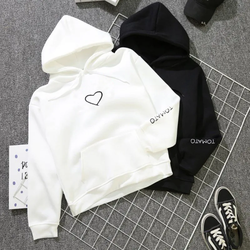  2018 Korean Hooded Sweatshirts Heart Print Hoodies Simple Design Loose Pullover Harajuku Style Love