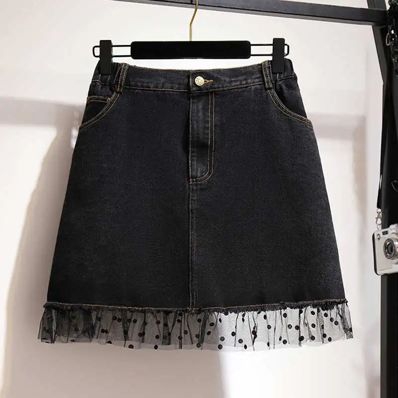 Женская 2XL 3XL 4XL 5XL 6XL черная джинсовая юбка кружевная Лоскутная Летняя джинсовая юбка с завышенной талией Кантен уличная юбка Dentelle плюс размер